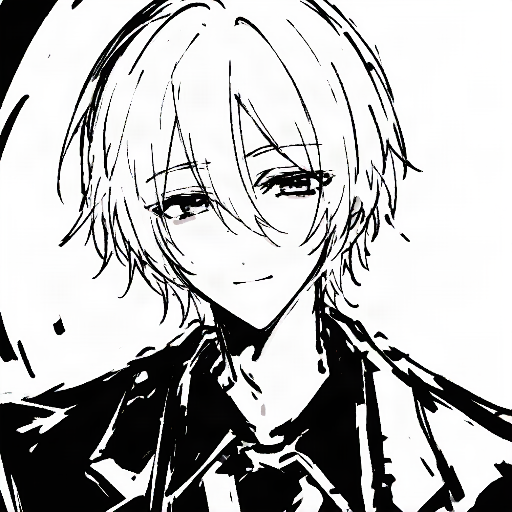 Brush-inked manga portrait of a pale-haired young man with a faint smile
