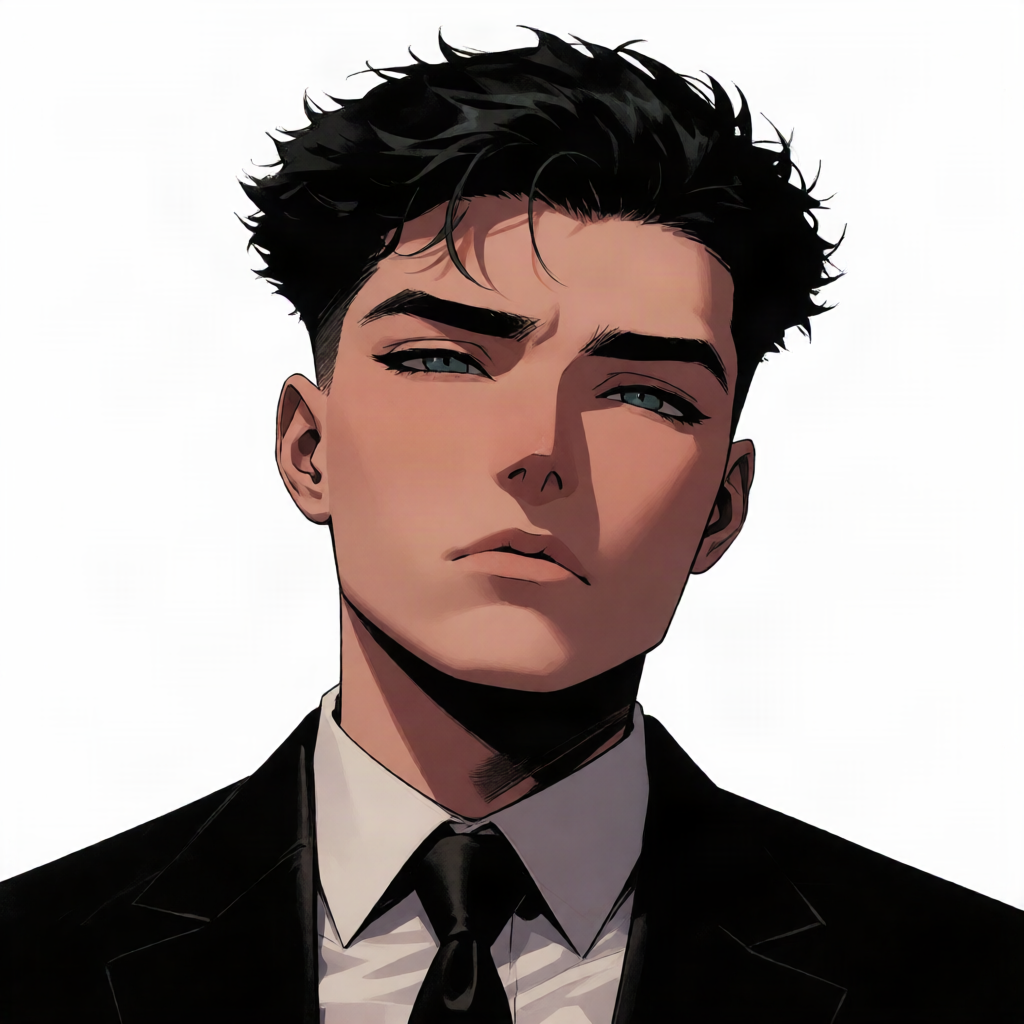 Comic-book portrait of a dark-haired man in a black suit against a white background