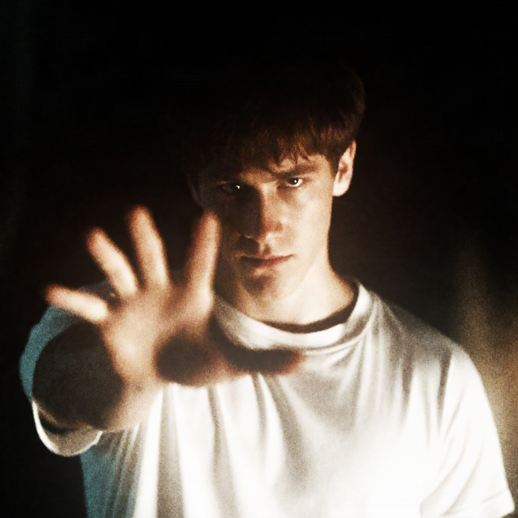 Low-key film still of a young man reaching an open palm toward the camera out of darkness
