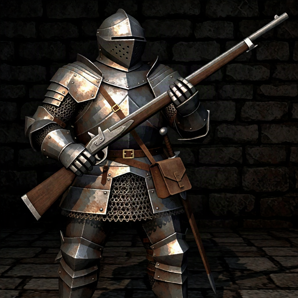 Rendered key art of an armoured knight holding a long musket-like weapon