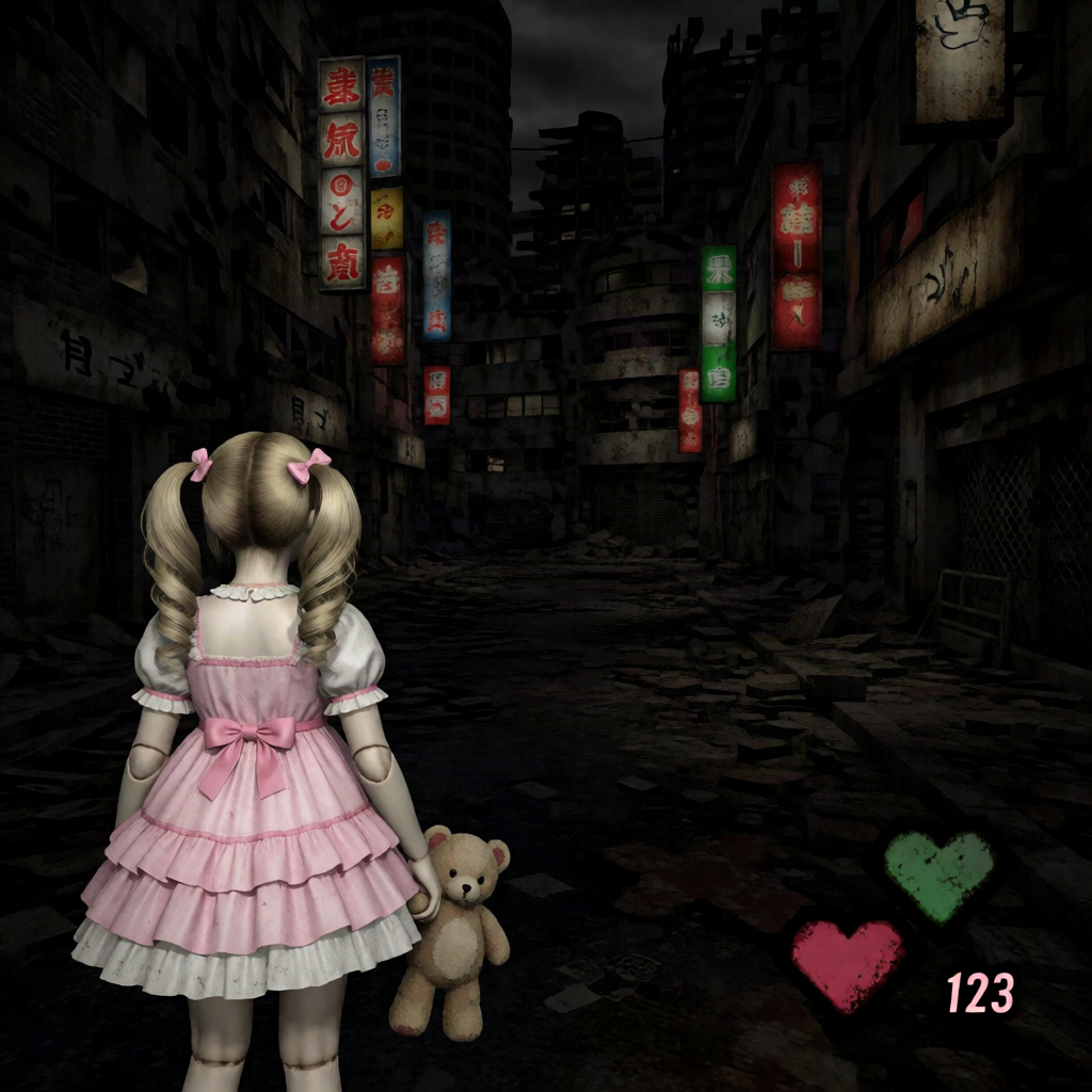 Third-person horror-game key art of a doll-like girl with a teddy bear facing a ruined neon city street