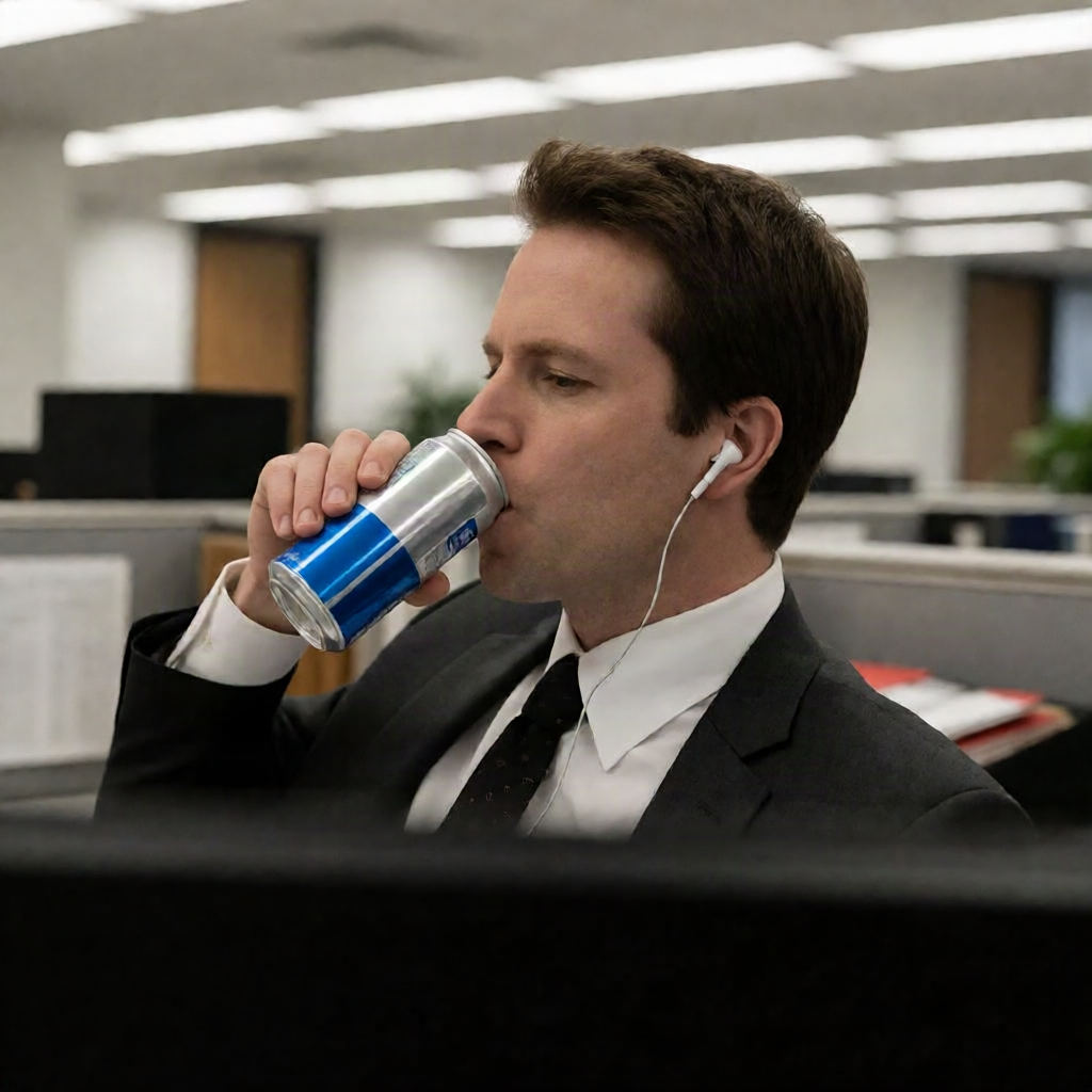 Television still of a man in a suit drinking from a can at an office desk