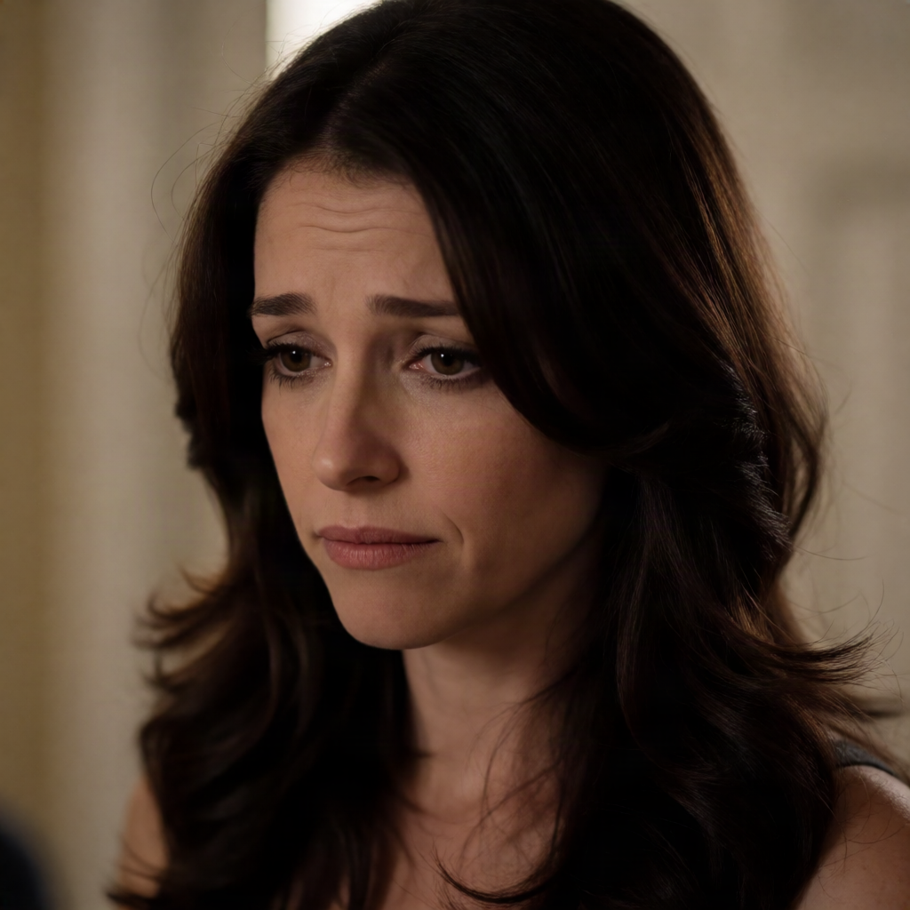 Television still close-up of a worried brunette woman looking down and away