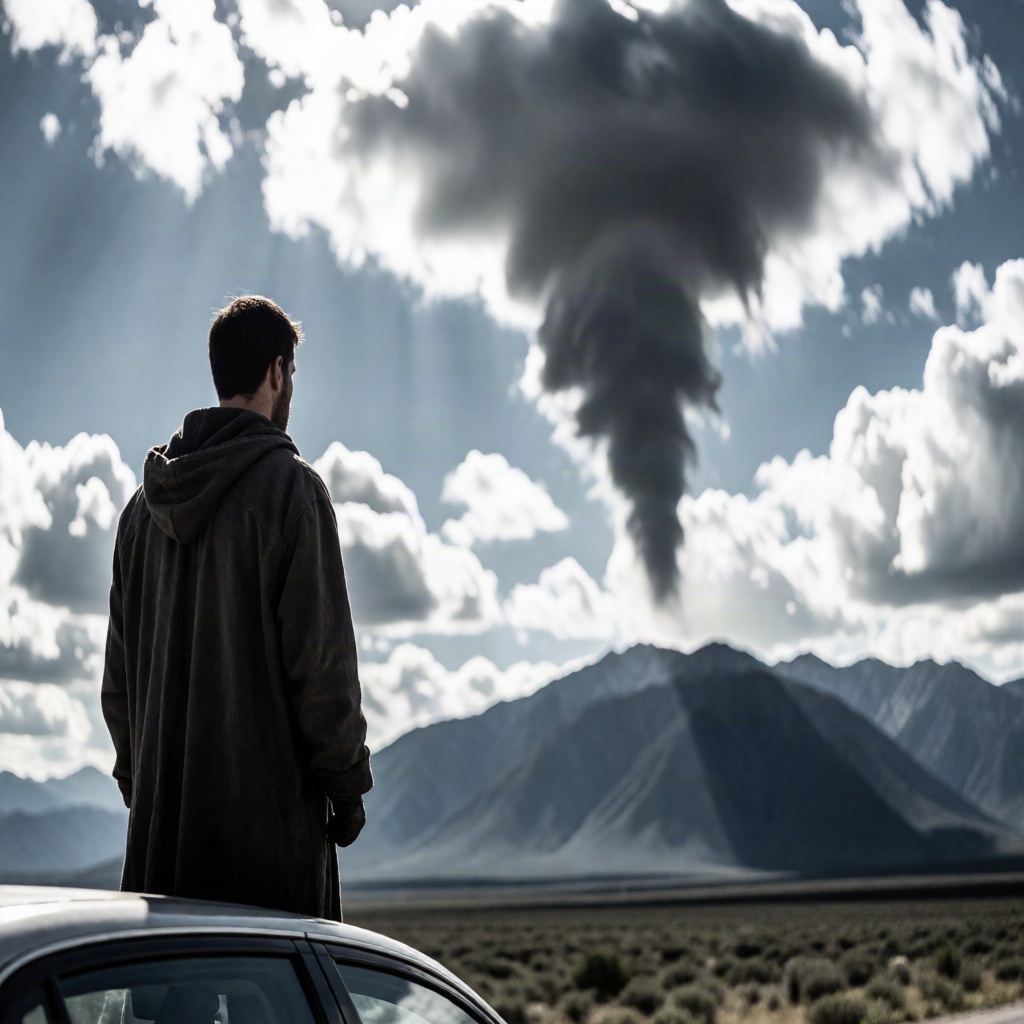 Wide film still of a hooded figure on a car watching a distant funnel cloud