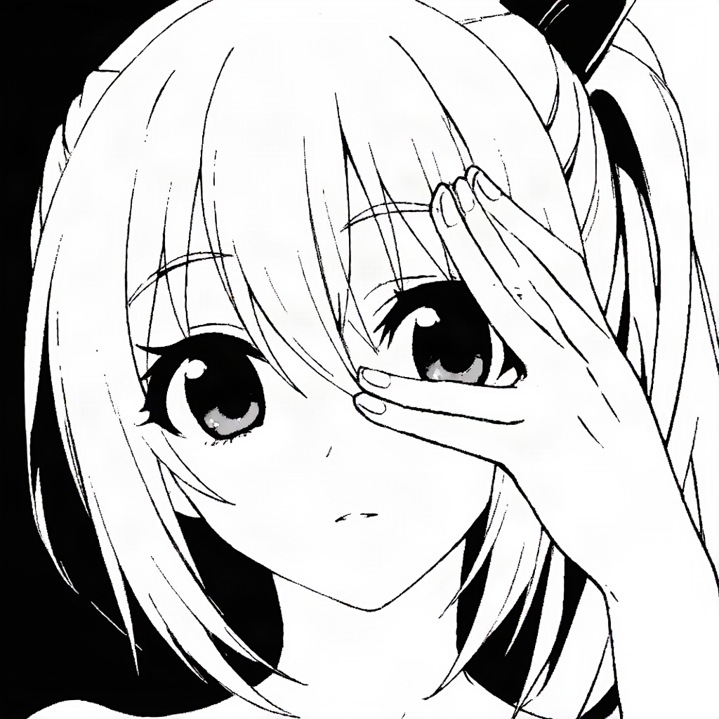 High-contrast manga close-up of a light-haired girl covering one eye with her hand