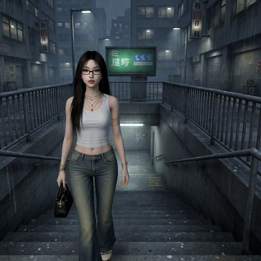 Game render of a woman in glasses walking up from a rainy subway entrance at night