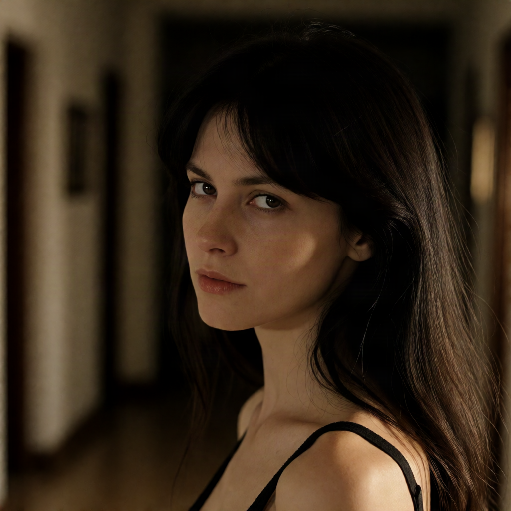 Film still of a dark-haired woman looking back from a dim amber hallway