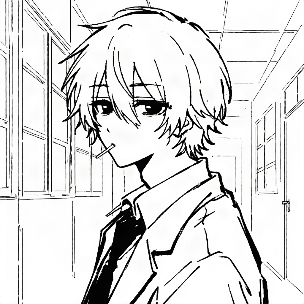 Line-art manga portrait of a tousled-haired student with a lollipop in a corridor