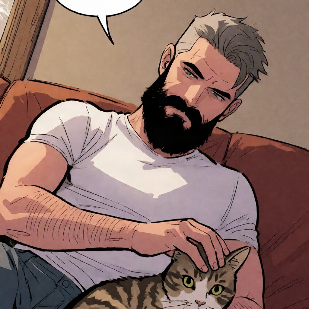 Comic panel of a bearded man on a couch petting a tabby cat